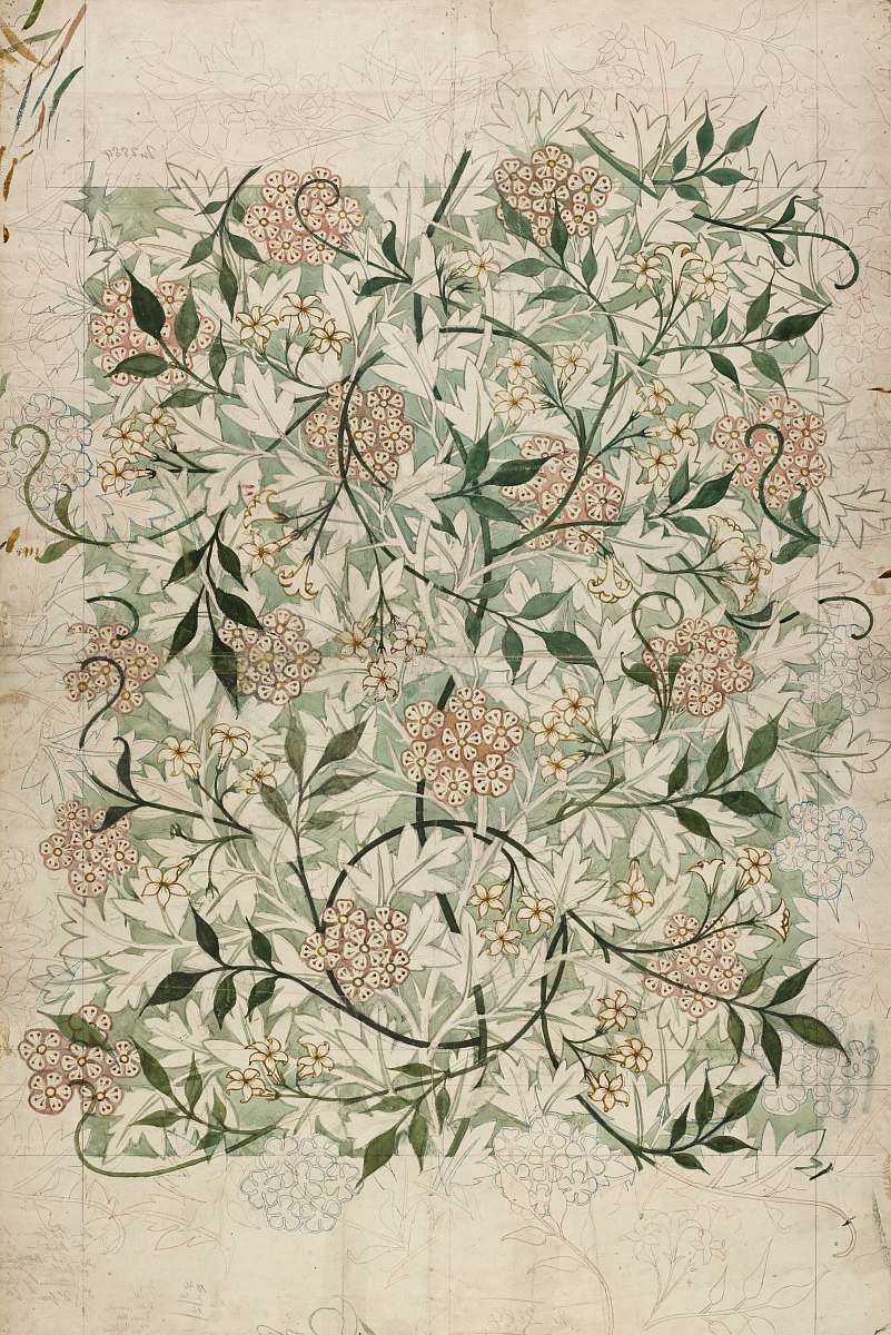 decorative arts green and white floral textile william morris